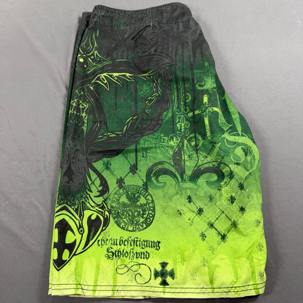 MMA Elite Mens Board Shorts XL Green Gothic Graphic Cross Skull Swim Vintage